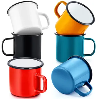 Joyfair Emaille Tasse 6er-Set, 350ml Rot/Schwarz/Blau/Grün/Gelb/Weiß Kaffeebecher, Porzellan Kaffeetassen Teetassen Set, Trink-/Teebecher Set für Camping, Haus, Party, Büro, Tragbar & Mehrweg