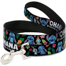 Dog Leash Ohana Means Family Stitch Scrump Poses Tropical Flora Black 6 Feet Long 0.5 Inch Wide