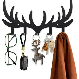 MAYJOYDIY Hirschgeweih Desig Schlüsselhalter für Wand 25×12cm Metall Kleiderhaken Wand mit 5 Haken Modern Türöffnung Schlüsselbrett für Flur, Eingangsbereich, Küche, Badezimmer (Schwarz)