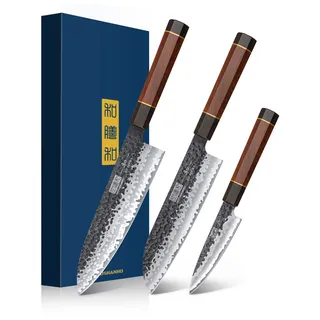 HOSHNAHO 3-Teiliges Messerset, Ultra Scharfes Messer set mit Kochmesser, Santokumesser, Schälmesser, Japanisches VG10 Kern Küchenmesserset mit Ergonomischem Griff