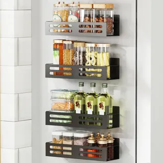 Roysili Magnetisches Gewürzregal für Kühlschrank, magnetische Regale für Kühlschrank mit magnetischem Papierhandtuchhalter, 4 Stück, Schwarz