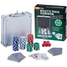 Relaxdays Pokerkoffer, 100 Pokerchips ohne Wert, 2 Kartendecks, 5 Würfel, Dealer-Button, Pokerset, abschließbar, Silber