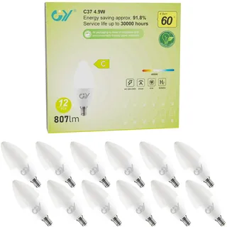 GY E14 LED Neutralweiss Lampe 4.9W 4000K 807 Lumen Neutralweiß Leuchtmittel,C37 Kerze Energiesparlampe 60W lampe ersetzt,Nicht Dimmbar LED Birnen,12 stück [Energieeffizienzklasse C]