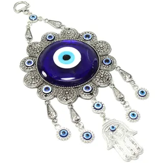 usamjtable Dekoratives Hängendes Ornament - Blauer böser Blick (Nazar) Amulett Wandbehang Heimdekoration Ornament Schutz Glück Segen Geschenk (Blume Hamsa) - Metall - Hängend - Geburtstag