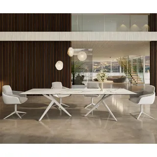 DELIFE Esstisch Edge 300x100 Keramik Calacatta Luxe Weiß-Gold-Grau Estelar rund Metall Weiß