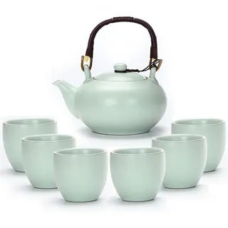 Webao Teeservice Chinesische Tee Set aus Keramik, 600ml Teekanne und 6 Tasse 120ml Kungfu Tee Services, Ofenveränderte Glasur asiatische Teekanne für Teeliebhaber, Grün