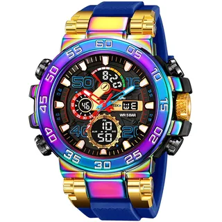 findtime Bunte Uhren Herren 5ATM Wasserdicht Digitaluhr mit Doppelzeit 12/24H Anzeig LED Datum Stoppuhr Große Herrenuhr Cooles Militär Design Blau