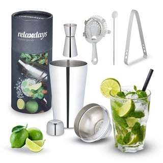 Relaxdays Cocktail Shaker Set, Edelstahl, 5-teiliges Bar Kit, 500 ml, Bar Zubehör für Zuhause, Cocktailmixset, Silber