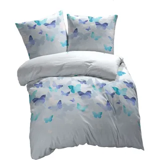 etérea Mako Satin Baumwolle Bettwäsche Lilu Schmetterlinge 200x200 3er Set - mit Reißverschluß - 00 - Bettbezug mit Kissenbezug - 200 x 200 + 2stk. 80 x 80 cm - Blau - Royalblau