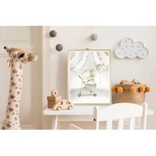Bild mit Rahmen QUEENCE "Elefant auf Roller", weiß (farbe rahmen: natur, braun, beige, farbe bild(er): weiß), B:50cm H:70cm T:1,5cm, Holz, Plexiglas, Bilder, Bild mit Rahmen, HD Premium Posterdruck mit Echtholzrahmen
