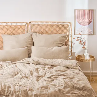 Blumtal Musselin Bettwäsche 155x220 cm + 80x80 cm - Oeko-TEX zert. Bettwäsche Musselin aus 100% Baumwolle - extra weiches Bettwäsche-Set waschbar bei 40 °C - Sommerbettwäsche Taupe