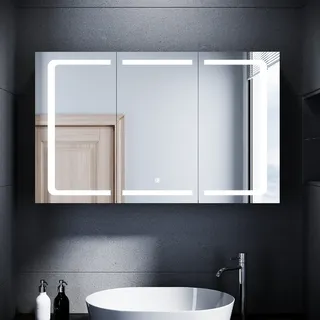 SONNI Edelstahl Spiegelschrank mit Ablage und Beleuchtung3-türig Badschrankmit Rasiersteckdose 105x65x13cm