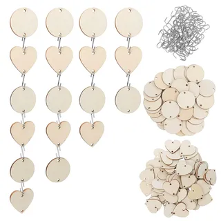 Belle Vous Naturbelassene Runde Holzscheiben & Holzherzen zum Hängen mit S-Haken (240 Stk) - Vorgebohrte Holzscheiben zum Basteln, Beschriften für Geschenkanhänger, Holzherz Maibaum & Streudeko