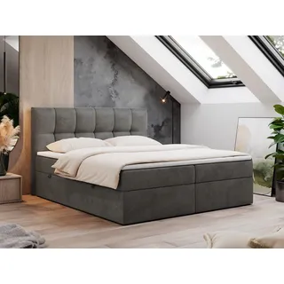 MKS Meble Boxspringbett 140x200 mit Bettkasten, Bett mit Multipocket - Matratze H3 Topper, Polsterbett 140x200 mit Bettkasten Kopfteil, Boxspringbett mit Matratze H3 - RICO - 140x200 - Dunkelgrau - Velvet - H3 - Grau