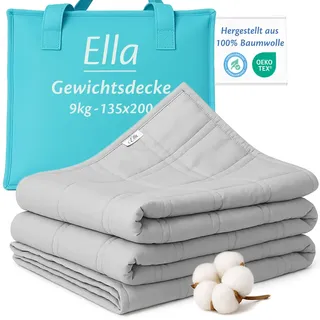 Ella Gewichtsdecke 135x200 9kg - Anti Stress Therapiedecke - Schwere Decke aus 100% Baumwolle - Bettdecke für tiefen Schlaf & bessere Erholung, Weighted Blanket Für Männer, Frauen von 75-110kg, Grau