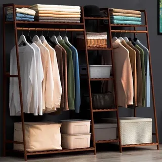 angroups Schwerlast Kleiderständer aus Bambus, Freistehender Garderobenständer, Multifunktional Kleiderstange mit Regal,Garderobe für Schlafzimmer Flur, Einfache Montage,130x40x140cm