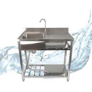 Spültisch freistehend, Wasserhahn mit Gartenschlauch-Anschluss, Spülbecken Größe L - Silber