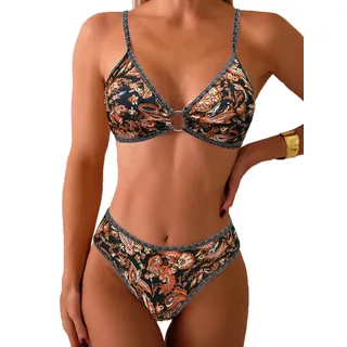 Fanuerg Triangel-Bikini-Set für Damen, O-Ring, Zweiteiliger Badeanzug, Blumendruck, frecher Badeanzug, Braunes Blumenmuster, S