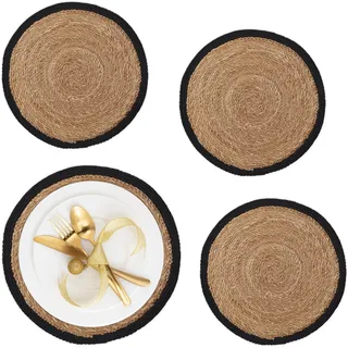 Relaxdays Tischset 4-teilig, für Esstisch, Wasserhyazinthe, Platzdecken, runde Telleruntersetzer, Ø 37 cm, Natur/schwarz