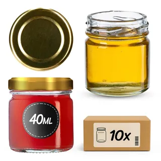 KADAX 10st Mini Gläser 40 ml mit Schraubdeckel fi 43mm, Einmachglas, Gewürzgläser mit Deckel, Sturzglas, Probiergläser, Marmeladengläser, kleine Honiggläser (10 Stück, Gold Deckel)