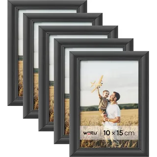 WOLTU Bilderrahmen 10x15cm 5er Set Fotorahmen Holzrahmen mit Passepartout, zum vertikalen oder horizontalen Aufhängen/Aufstellen, Posterrahmen Collage Wanddeko, Schwarz