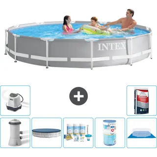 Intex Round Prism Frame Swimming Pool – 366 x 76 cm – Grau – inklusive Pumpe Abdeckung - Wartungspaket - Filter - Bodenplane - Salzwassersystem - Poolsalz