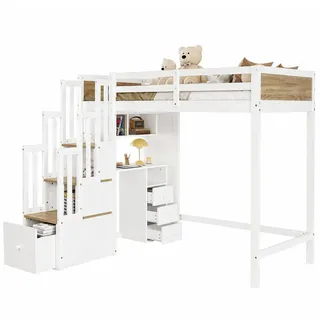 Modfu Halbhochbett aus Kiefer und MDF 90x200 cm Weiß/Natur mit Schreibtisch, Stauraumtreppe und Schubladen , Holz , 90x200 cm , Babymöbel & Kindermöbel, Kinderzimmer & Jugendzimmer, Kinderbetten, Hochbetten
