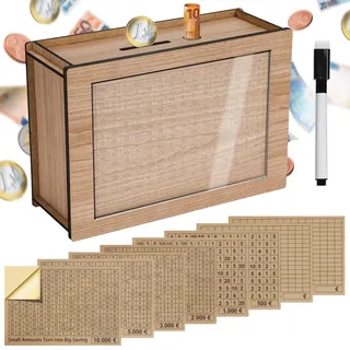 alyvisun Spardose Holz mit Marker Aufklebern, Sparbüchse mit Zähler 5000€ Wiederverwendbare Geldkassette Holzspardose mit Sparziel zum Ankreuzen Sparbox Geldsparbox Cash Box €500-€10000 Ziel