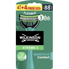 Wilkinson Sword Xtreme 3 Sensitive Einwegrasierer mit 3 flexiblen Klingen und Gleitstreifen mit Aloe Vera und Vitamin E, 4 + 4 Stück