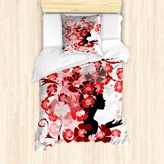 ABAKUHAUS femimine Mantele, Blumen-Mädchen Langes Haar, Milbensicher Allergiker geeignet mit Kissenbezügen, 135 cm x 200 cm - 80 x 80 cm, Schwarz-Rosa und Rot - Rot