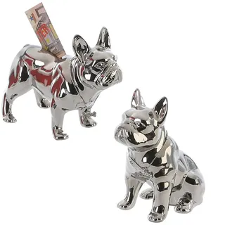 Spardose Bulli Bulldogge weiss * silber * schwarz aus Keramik mit silbernem Halsband – Silber - Silber