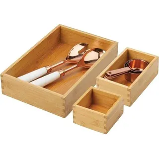 Bamboe-Organizer-Set - stapelbare Keukenorganizer - 3-teilig - natur - Holzbox für Besteck und Küchenutensilien - Weiß