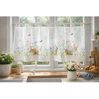 KAMACA Bistrogardine Häschen in der Blumenwiese – 45 x 120 cm Scheibengardine aus edlem Voile & Organza – Transparente Küchengardine mit Hasen-Motiv & Schlaufen – Moderne Landhaus-Fensterdeko