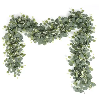 SOMYTING 2 Stück Künstliche Girlanden Eukalyptus mit Weidenblättern Grüne Blätter Weiße Blume Girlande Künstliche Pflanze Hängepflanze für Hintergrund Hochzeit Dekoration Tischläufer Mittelstück