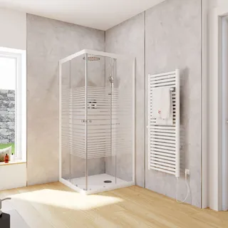Schulte Duschkabine Corner Eckeinsteig mit Schiebetüren, Montage auf Duschwanne oder Fliese, 4mm ESG Sicherheitsglas, Höhe: 180 cm, 80 x 80 cm, Profilfarbe: Alpinweiß, Glasart: Dekor Querstreifen - Weiß