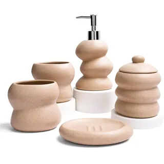 ANTIS'S HOME Keramik Badezimmer Set 5-teilig in Mattbeige mit Sprenkel-Design – Modernes Bad-Accessoires Set mit Seifenspender, Zahnputzbechern, Seifenschale & Wattestäbchenbehälter