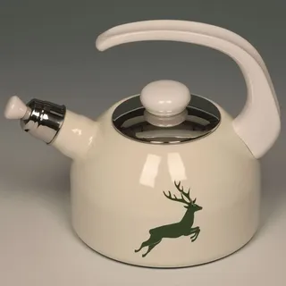 Riess, 0543-072, Flötenkessel Plus 2L, HIRSCH GRÜN, Beige, Gewicht 1,21kg, dreifach emailliert, Wasserkessel mit Flötenpfeife, Induktion, Retro, hergestellt in Österreich, LBH 26,2x18,4x21,9cm