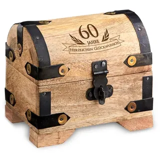 Casa Vivente Kleine Schatztruhe zum 60. Geburtstag, Schmuckkästchen mit Gravur, Aufbewahrungsbox aus hellem Holz, Verpackung für Geldgeschenke