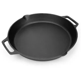 Onlyfire Gusseisenpfanne, Pfanne Gusseisen mit Zwei Griffe und Zwei Ausgießer, Gusseisen Grillpfanne 35cm, Gusspfanne für Gasgrill, Holzkohlegrill, Backöfen, Grills