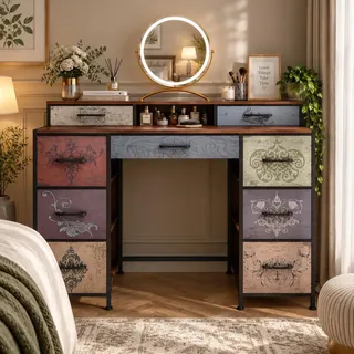 INONEFT Schminktisch Holz mit 9 Schubladen, Vintage-Stil Schminktische, Kommode, Aufbewahrungsschrank, für Schlafzimmer, Wohnzimmer, Flur, Retro-Farbe