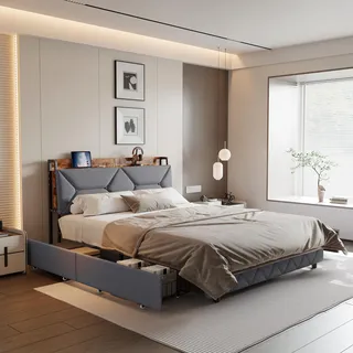 ProximaX Massivbett 160x200 cm mit ergonomischer Rückenlehne und ausziehbarem Stauraum im Kopfteil – stabiles Stahl-Holz-Bett im modernen Design, langlebig und komfortabel - Schwarz