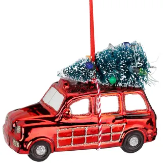 Holly & Jolly - Weihnachtskugel Tannen-Express, ca. 12 cm | Christbaumkugel aus Glas, handbemalt, Weihnachtsbaumschmuck in Rot und Grün, beglittert, Weihnachtsdeko für Innen