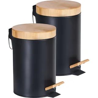 BELIANI Tretmülleimer 2er Set Schwarz aus Bambus Eisen Kunststoff mit Fußpedal und Deckel 3 l Abfalleimer für Badezimmer - Schwarz, Braun