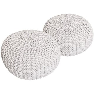 kreatives Wohnen Pouf Set 2 Stück Strickhocker Bodenkissen Grobstrick-Optik Ø 55 cm H 37 cm weiß & weiß Sitzhocker