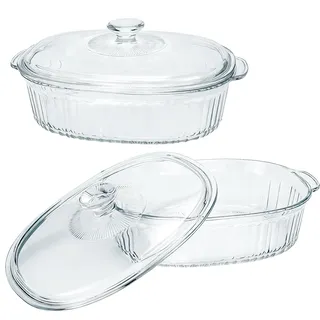 2er Set Auflaufformen mit Deckel und Griff, Quadratische Glas Backformen für Ofen und Mikrowelle, Klare Bleifreie Glas Backform, Glasbräter mit Glasdeckel zum Backen und Kochen (1,9 L und 3,0 L)