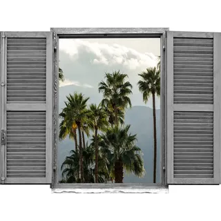 Queence "Palmen vor Bergen", Wandsticker, Wandbild, selbstklebend, 3D, Fenster,
