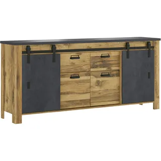 Home Affaire »York, moderner Schrank, Kommode in Hunton Oak Dekor, Industrialdesign« mit Scheunentorbeschlägen & Apothekergriffen aus Metall, 201 cm breit