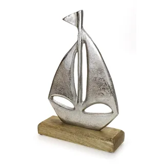 TEMPELWELT Deko Figur Boot Segelboot 22 cm, Metall Alu Silber Mango Holz massiv Natur braun, Dekoboot maritimer mediterraner Bootaufsteller Baddeko Sommer