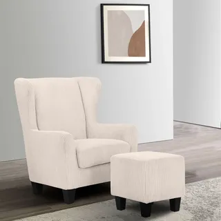 Home Affaire Ohrensessel Chilly Cord/Mikrofaser 84 x 101 x 84 cm Beige mit Hocker