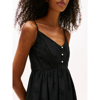 Minikleid TOMMY JEANS "TJW BRODERIE ANGLAISE DRESS", Damen, Gr. S (36), N-Gr, schwarz, Web, Obermaterial: 100% Baumwolle, unifarben, V-Ausschnitt, Kleider Minikleid, mit Volant und Allover Stickerei